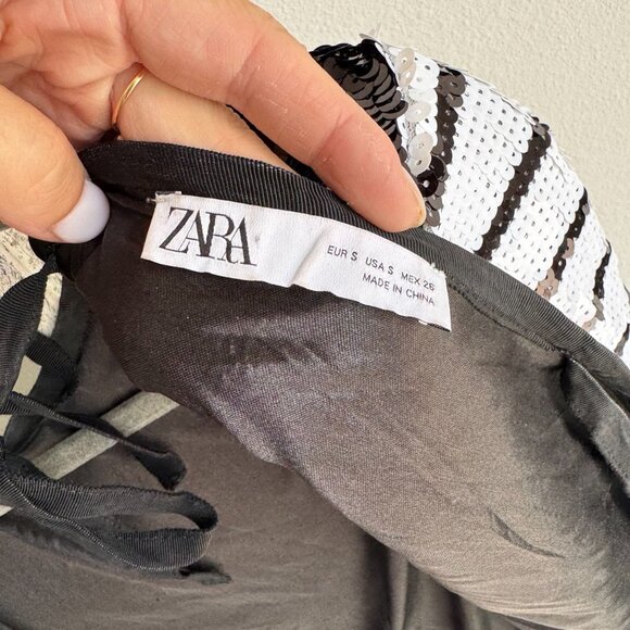 ZARA Limited Edition Black/White Sequin Open Tie-Back Top - Picture 11 of 11